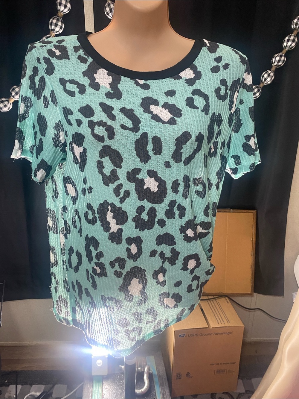 Women’s Mint Leopard Print Short Sleeve Tee with Black Trim